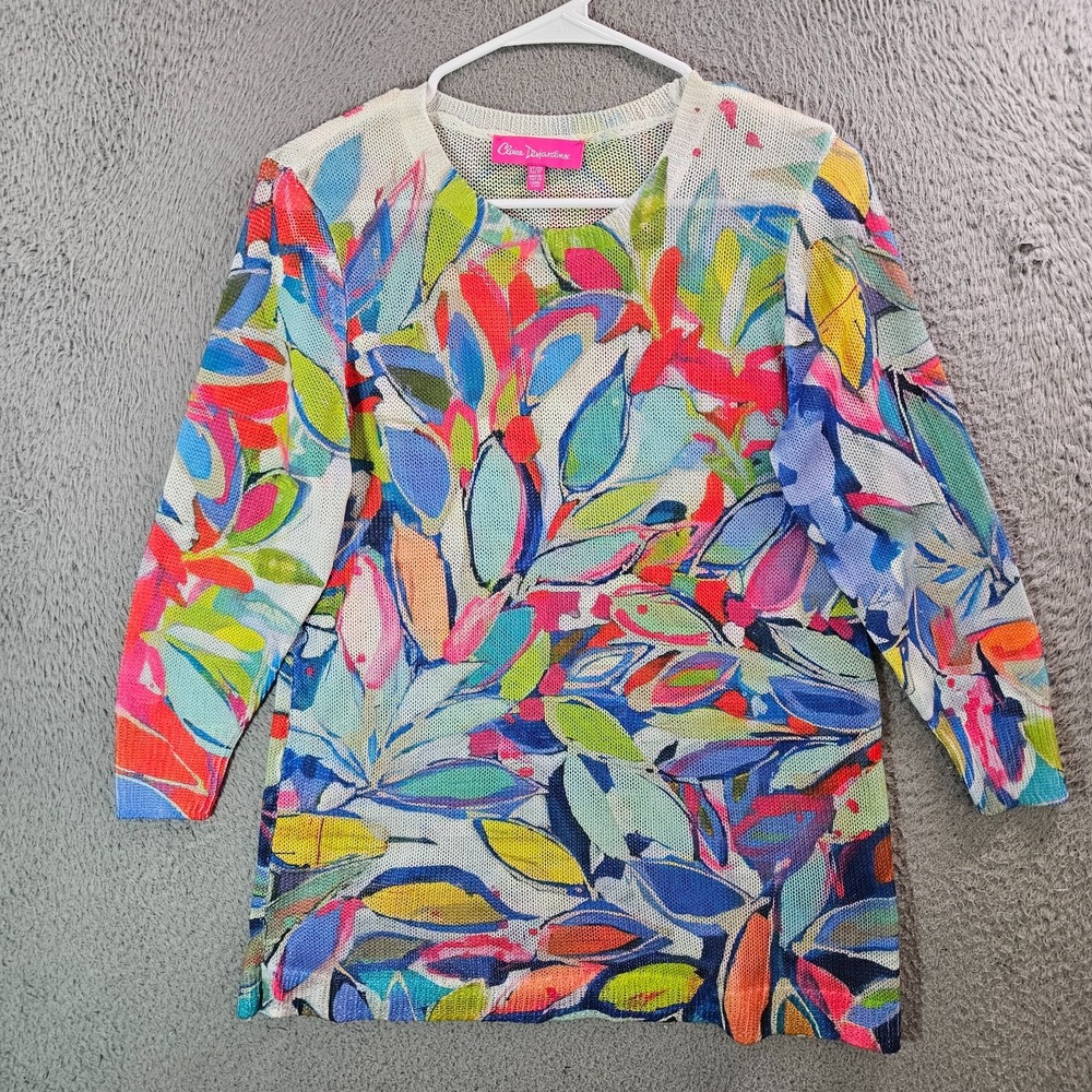 Claire Desjardins Knit Top Blouse Women XS Colorful Leaf 3/4 Sleeve Stretch